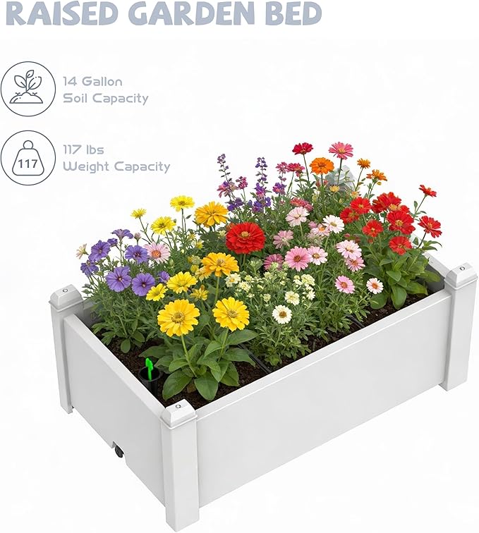 Elevated Raised Garden Bed, 14 Gallon Outdoor Large Resin Patio Planter Box Stand Divisible with Drain Plug, Water Monitor for Plants Vegetables Flowers Fruits (Ashen)