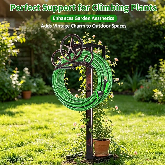 Garden Hose Holder Stand, Decorative Vintage Rustic Hose Rack with Star Design, Heavy Duty 41" Tall Metal Hose Storage for Yard/Lawn/Farm, Freestanding Hose Holder Holds up to 160Ft Hose