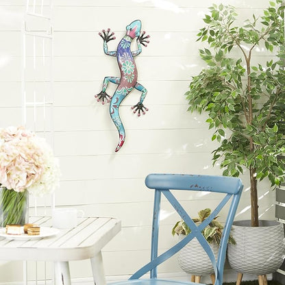 Deco 79 Metal Lizard Indoor Outdoor Floral Patterned Wall Decor with Purple and Teal Accents, 18" x 3" x 33", Blue