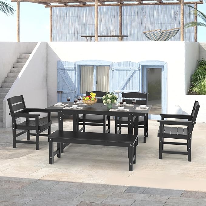 51" 2-Person Outdoor Bench, Weatherproof HIPS Patio Dining Bench Holds up to 800LBS, Poly Lumber Garden Bench with Wood Grains for Porch, Garden, Deck, Entryway, Black