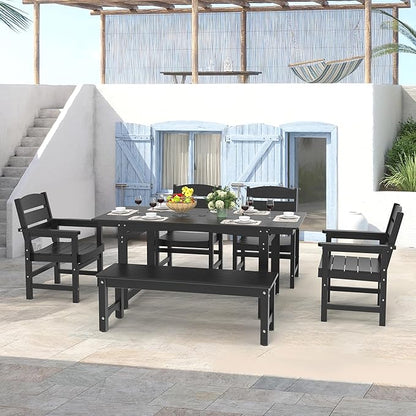 67" Outdoor Dining Table with Umbrella Hole, HIPS All-Weather Rectangular Patio Table for Outdoor/Indoor Use, Black