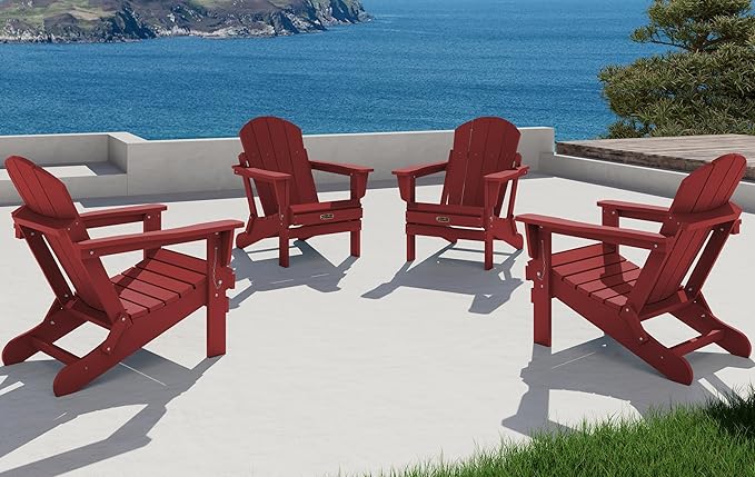 SERWALL Foldable Adirondack Chair Set of 2 for Patio Garden Outdoors Fire Pit Chairs- Red