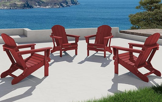 SERWALL Foldable Adirondack Chair Set of 4 for Patio Garden Outdoors Fire Pit Chairs- Red
