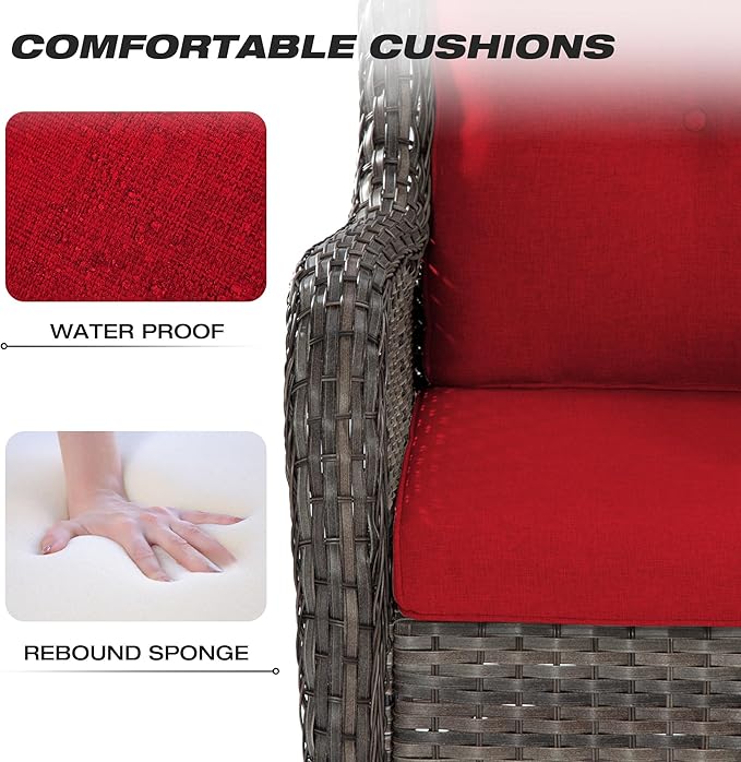Joyside 5 Piece Outdoor Patio Furniture Set Wicker Conversation Bistro Set Swivel Rocking Chairs with Side Table and Ottomans for Backyard, Porch, Deck(Mixed Grey/Red)