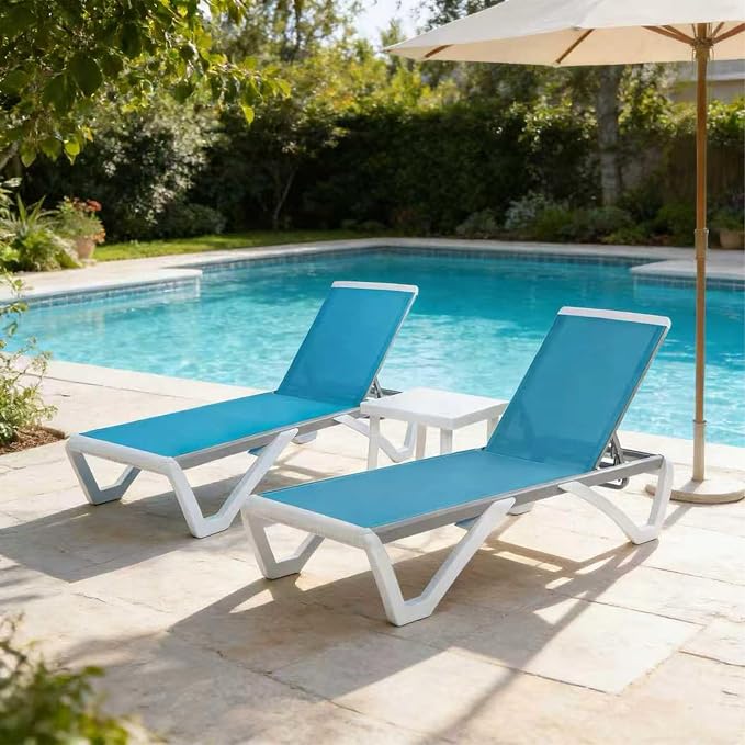 Kozyard 3-Piece Outdoor Chaise Lounge Chair Set, Fully Flat Adjustable Patio Lounger with Aluminum Frame & Resin Legs, Textilene Fabric for Poolside, Backyard & Beach (Aqua, 2 Chairs + Table)