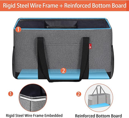 Extra Large Utility Tote Bag, Foldable Reusable Grocery Bags with Metal Wire Frame & Reinforced Bottom Board, Stand Up Large Utility Tote for Shopping, Beach Bag, Laundry, Car (Grey)