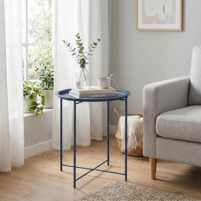 VECELO Side/End Table, Folding Round Metal Anti-Rust and Waterproof Outdoor or Indoor Tray for Living Room Bedroom Balcony and Office, 1 PCS, Blue