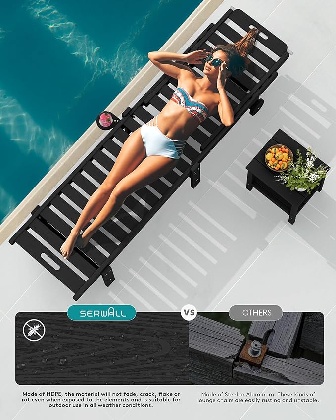 SERWALL Patio Chaise Lounge Set of 4, HDPE Outdoor Lounge Chair with Cup Holder, 5 Positions Adjustable Poly Lounge Chair with Rolling Wheels for Poolside, Deck, Sunbathing, Black
