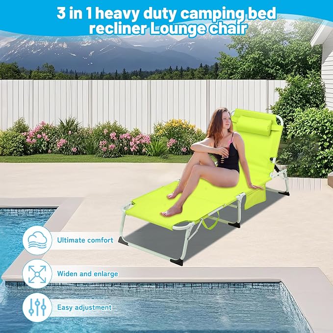 3-in-1 Oversized Sun Tanning Chair with Mat & Face Hole (Green) | Folding Chaise Lounge,5-Position Adjustable Outdoor Chair for Beach, Pool, Patio, Lawn, Yard - Includes Pillow