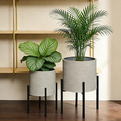 ARNIS Modern Plant Pots, Set of 2 Large Planters with Stand, Decorative Planters, Metal Pots with Drainage Holes for Living Room, Office, Garden or Balcony, 8.25 &10.5 Inch, Grey
