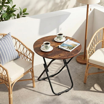 VECELO 17.7" Small Folding Table, Round Patio Outdoor Side Snack Table, Waterproof Foldable Wood End Table with Anti-Rust Metal Legs for Living Room Bedroom Garden Yard Balcony Porch