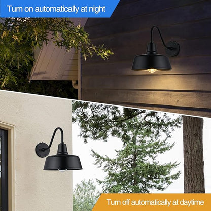 Barn Lights Outdoor Gooseneck Lighting, Dusk to Dawn Black Exterior Barn Lights for House, Farmhouse Wall Lighting Fixtures with Sensor for Porch Garage (2, 11" Diameter)