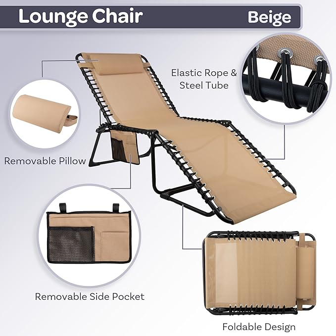 Lavish Home Folding Lounge Chair Outdoor Recliner - 3 Position Chaise Lounge Outdoor Beach Tanning Chair with Side Pocket and Removable Pillow - Portable Patio Furniture for Pool or Lawn (Beige)