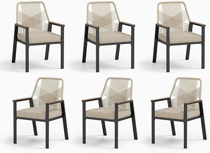 Patio Wicker Chair Sets of 6, Outdoor Dining Chairs with 3.1 inch Seat Cushions, Sturdy Metal Frame & Wood Grain Armrest, Beige