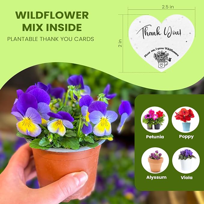 50 Plantable Seed Paper Hearts with Wildflower Seeds- A Thank You Card That Grows | A Memorable Gift Tag That Keeps Giving | 2.5in x 2in Thank You Note for Bridal Shower, Weddings, Holidays, and for Small Business Thank You Cards