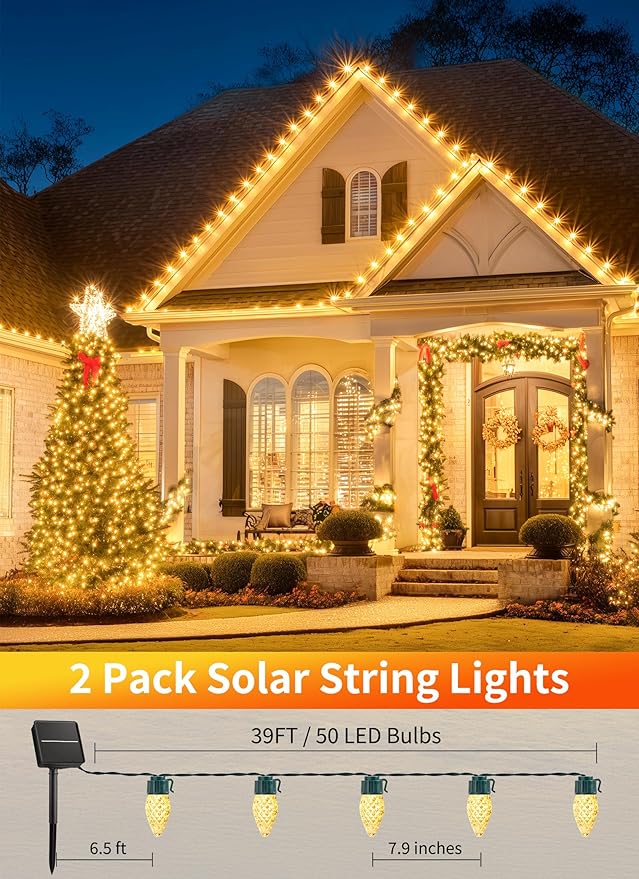 Solar Christmas Lights Outdoor, 2 Pack 50 LED C9 Strawberry String Light with Timer & 8 Light Mode, Waterproof Solar Christmas Tree Lights for Outside Garden Patio Party Christmas Decor, Warm White
