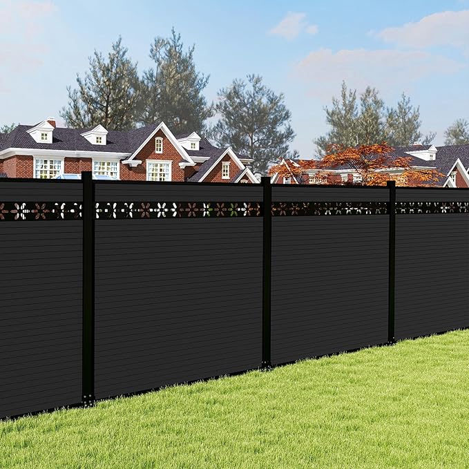 6 Feet×6 Feet Privacy Fence, Outdoor Wood Plastic Composite Fence Panel, Waterproof Security Barriers Fencing, WPC (Black, Floral (1 Panel - 2 Post))