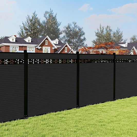6 Feet×6 Feet Privacy Fence, Outdoor Wood Plastic Composite Fence Panel, Waterproof Security Barriers Fencing, WPC (Black, Floral (1 Panel - 2 Post))