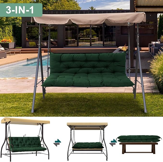 Outdoor Swing Cushions 3 Seater Waterproof, Replacement Bench Cushions for Outdoor Patio Furniture with Backrest, Porch Swing Cushion with Ties for Lawn and Garden (Dark Green, 40x60in)