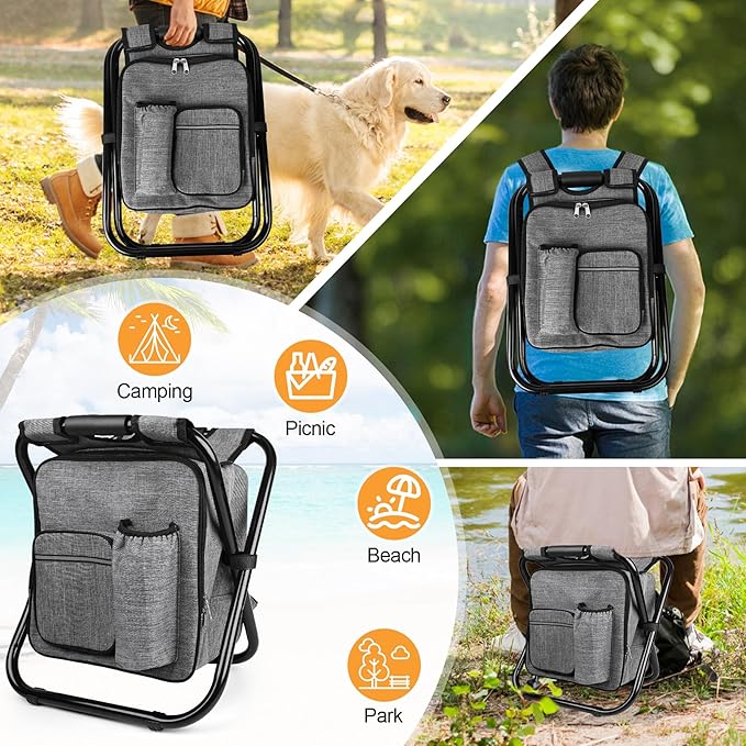 Kikerike Backpack Stool Cooler Chair Heavy Duty 300 LBS Max Load Portable Lightweight Stool Backpack Folding Fishing Cooler Seat for Camping Hunting Fishing - Gray