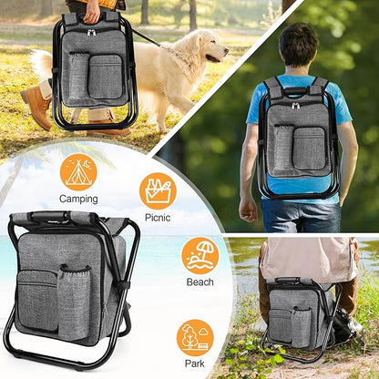 Kikerike Backpack Stool Cooler Chair Heavy Duty 300 LBS Max Load Portable Lightweight Stool Backpack Folding Fishing Cooler Seat for Camping Hunting Fishing - Gray