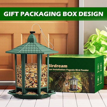 Birdream 2 Pack Bird Feeders for Outdoor Hanging, Retro Pagoda Design Fun Installation Bird Feeder, Attracting Wild Birds Chickadees Goldfinches Cardinals Finches and Sparrows - Green
