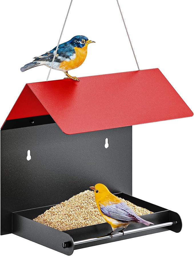 FANHAO Metal Bird Feeder for Outdoor, Hanging & Wall Mounted Wild Bird Feeder with Perch and Drainage Mesh, Weatherproof Hanging Platform Bird House for Attracting Birds, Easy to Clean & Refill