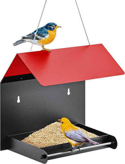 FANHAO Metal Bird Feeder for Outdoor, Hanging & Wall Mounted Wild Bird Feeder with Perch and Drainage Mesh, Weatherproof Hanging Platform Bird House for Attracting Birds, Easy to Clean & Refill