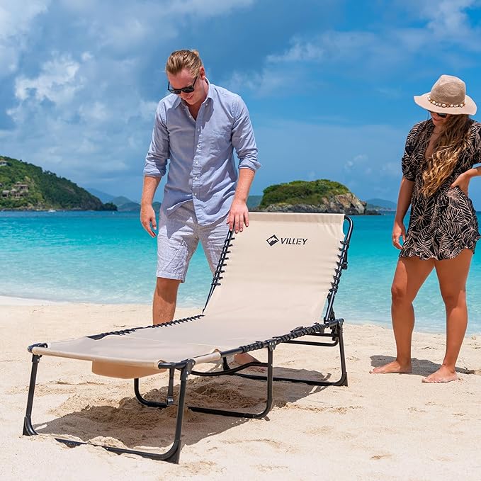 VILLEY Oversized Chaise Lounge Chair with Face Hole, Portable Tanning Chair, Adjustable Reclining Beach Chair, Outdoor Heavy-Duty Folding Sunbathing Chair for Outside Patio Lawn Beach Pool