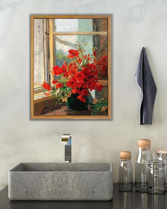 UPWOIGH 12x16 in Framed Wall Art, Red Poppies by the Window Oil Painting Canvas, Vintage Farmhouse Rustic Decor, Red Flowers Print, Antique Wall Decor for Living Room Bedroom, 1 Pack Gift