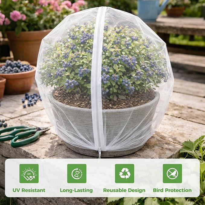 Blueberry Bush Netting Cover 2 Pack 4.5 x 4.5 ft, Bird Netting with Zipper & Drawstring, Reusable Berry Bush Netting for Lowbush Blueberries & Garden Plants, Bird Deer Insect and Poultry Barrier