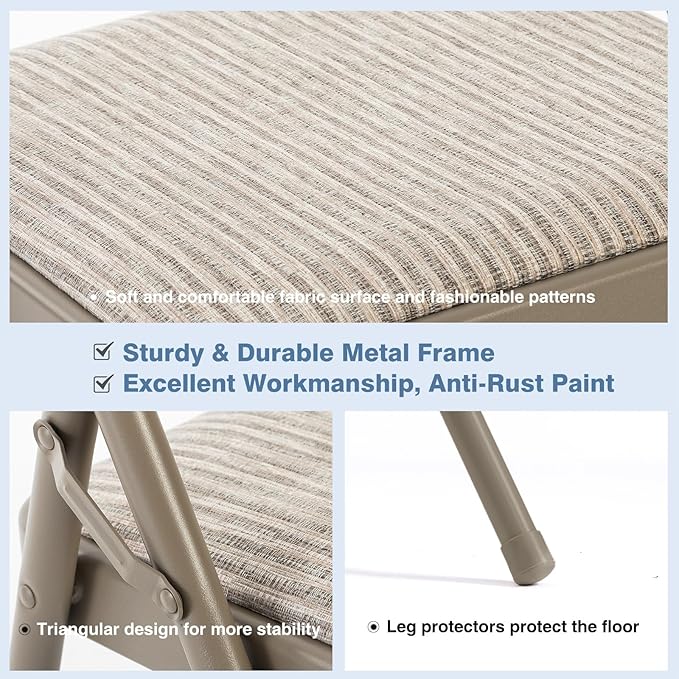 DUMOS 4 Pack Folding Chairs with Padded Cushion and Back - Fabric Stackable Portable Dining Chairs Set, for Home and Office, Conference, Wedding, Party, Patio, Garden, for Indoor Outdoor, Khaki