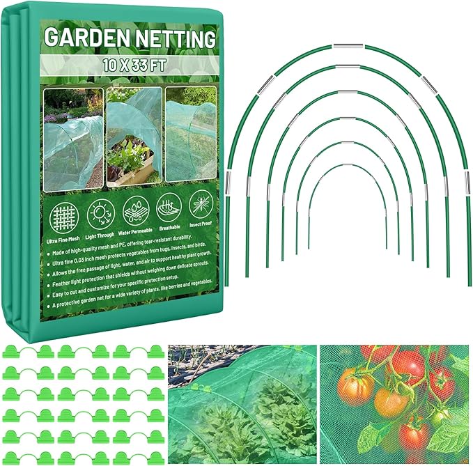 Garden Mesh Netting Kit for Raised Beds, 10x33FT Ultra Fine Mesh Netting& 6 Sets 8FT Fiberglass Garden Hoops, Insect Netting Row Cover, Pest Barrier Protection for Vegetable Fruits Flowers