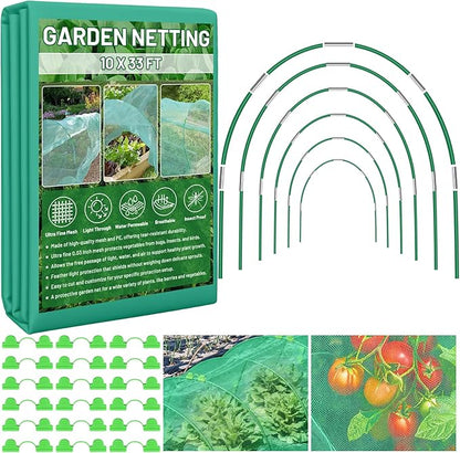 Garden Mesh Netting Kit for Raised Beds, 10x33FT Ultra Fine Mesh Netting& 6 Sets 8FT Fiberglass Garden Hoops, Insect Netting Row Cover, Pest Barrier Protection for Vegetable Fruits Flowers