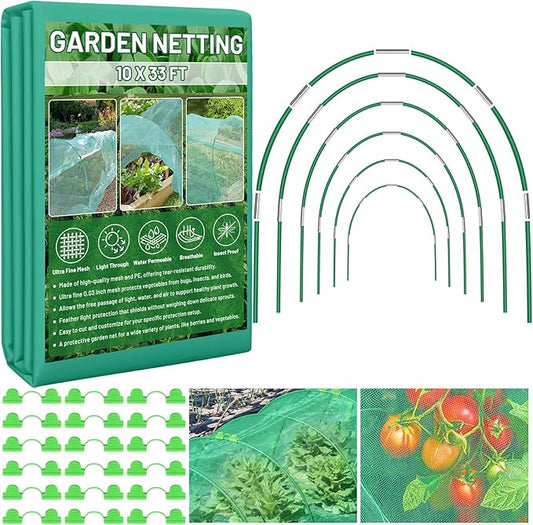 Garden Mesh Netting Kit for Raised Beds, 10x33FT Ultra Fine Mesh Netting& 6 Sets 8FT Fiberglass Garden Hoops, Insect Netting Row Cover, Pest Barrier Protection for Vegetable Fruits Flowers