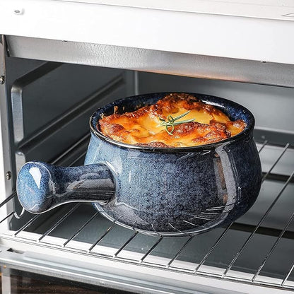 vicrays French Onion Soup Bowls With Handles, 26 Ounce for Soup, Chili, Beef Stew, Chip Resistant, Dishwasher Microwave Safe, Set of 4 (Blue)