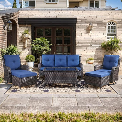 Wicker Outdoor Conversation Set-6 Pieces Outdoor Wicker High Back Couch with Swivel Rocker Chairs Patio Furniture for Deck Poolside Backyard-Brown/Blue