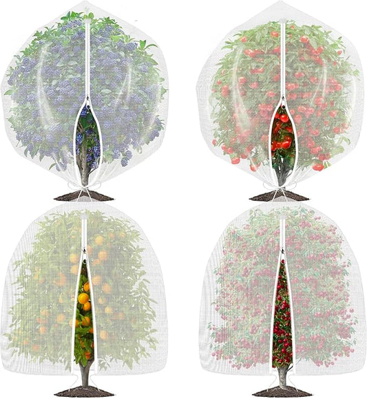 OZMI 4 Pack Fruit Tree Blueberry Bush Netting Cover, 4.6Ft x 5.9Ft Reusable Bird Netting for Garden Protection with Zipper & Drawstring, Shrubs Tomato Strawberry Plant Bushes Protector