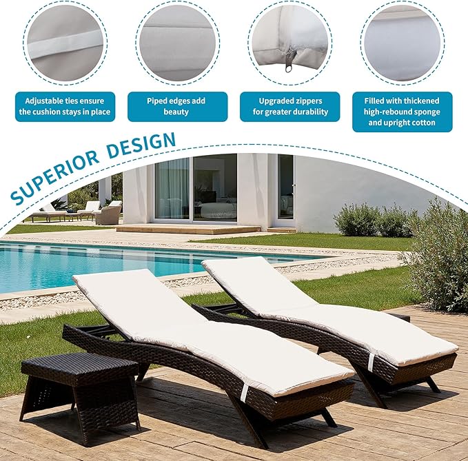 Outdoor Chaise Lounge Chair + Coffee Table Set of 2 with Detachable Cushions, Pool Sunbathing Recliners PE Rattan Patio Loungers Wicker for Outside Porch Backyard Poolside Deck Porch