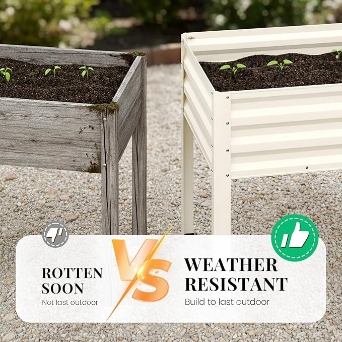 King Bird Large Raised Garden Bed with Netting Galvanized Elevated Planter Box with Legs 48×24×56 in for Backyard, Patio, Balcony, 400lb Capacity, Beige