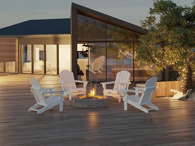 MUCHENGHY Folding Adirondack Chairs 6 Pack, Patio Chairs, Lawn Chairs, Outdoor Chairs, Adirondack Chair Plastic, Fire Pit Chairs, Weather Resistant with Cup Holder for Deck, Backyard, Garden(White)