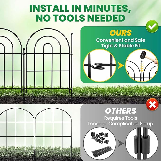 Garden Fence Panels – 17"(H)x 10.83ft Arched Fencing with Tool-Free Install, Metal Fence Panels Rustproof Outdoor Barrier for Yard, Patio, Flower Beds, Dog Barrier, Decor and Garden Edging
