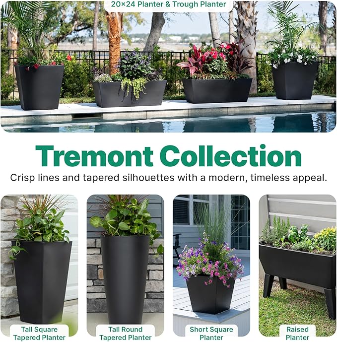 Step2 Tremont Trough Planter, Large Planters for Outdoor Plants, Gardening and Flower Pot for Patio or Porch, Efficient Drainage, Durable Plastic, Black, 2-Pack