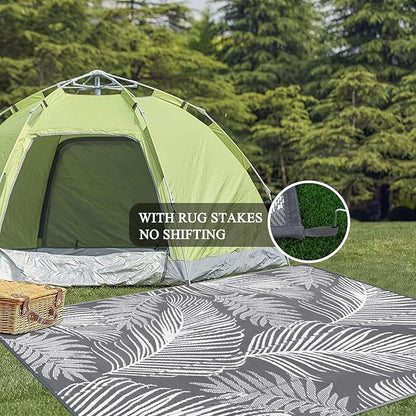 Pauwer Waterproof Outdoor Rug 6x9, Reversible Plastic Straw Patio Camping Rug, Indoor Outdoor RV Mat Carpet for Deck, Camper, Porch, Balcony, Backyard, Picnic, Leaf Grey