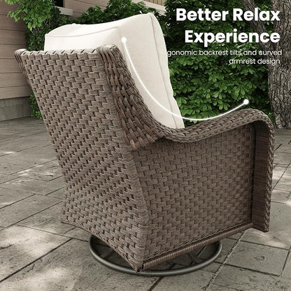 3 Pieces Outdoor Patio Furniture Sets with Rocking Swivel Chairs with 6-inch Thick Cushion and Side Table for Deck Lawn