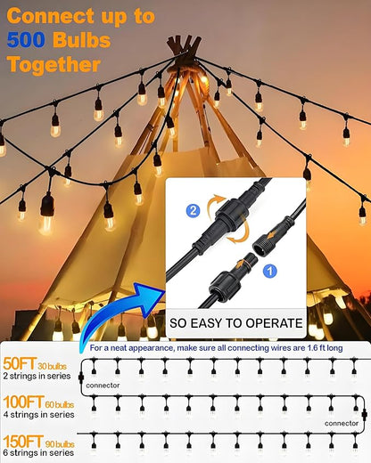 25FT Outdoor String Lights Waterproof with 16 Edison Bulbs 1.6FT Spacing, 120V Patio Lights, LED Hanging Lights for Porch, Balcony, Gazebo, Yard, Garden, Backyard, Camping and Party Decor