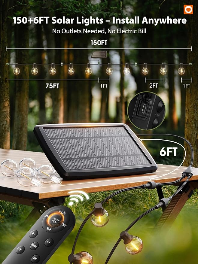 addlon 150FT Solar String Lights Outdoor Waterproof with Remote, Dimmable Commercial Grade Solar Powered String Lights with 80 LED Bulbs, Hanging Light for Camping Backyard Party Decor