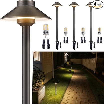 Gardenreet Low Voltage Landscape Lighting Brass - 12v Pathway Lights Waterproof, Hard Wired Path Light Outdoor, Mushroom Bronze for Exterior Area Patio with 3W 4000K Neutral White G4 Bulb (4 Pack)
