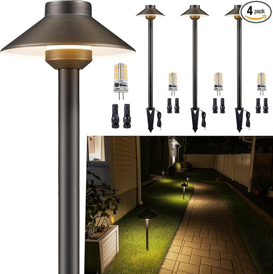 Gardenreet Low Voltage Landscape Lighting Brass - 12v Pathway Lights Waterproof, Hard Wired Path Light Outdoor, Mushroom Bronze for Exterior Area Patio with 3W 4000K Neutral White G4 Bulb (4 Pack)