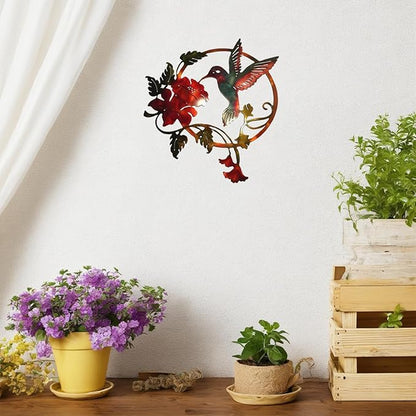 Zoihet Round Metal Bird Wall Art Decor - Hummingbird Wall Art Silhouette for your patio, garden, and fence Art Decor, Bird Wall Silhouette Indoor and Outdoor Hanging (Red)